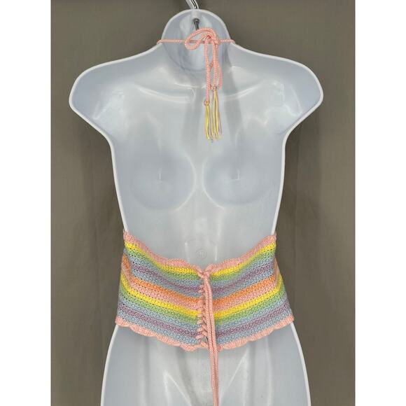 Sincerely Jules Top Medium Colorful Crochet Rainbow Pastel Striped Knit Halter - Picture 4 of 7